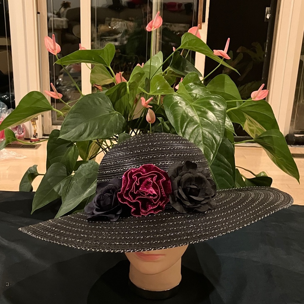 Black Wide-Brim Straw Hat with Pink and Black Floral Trim